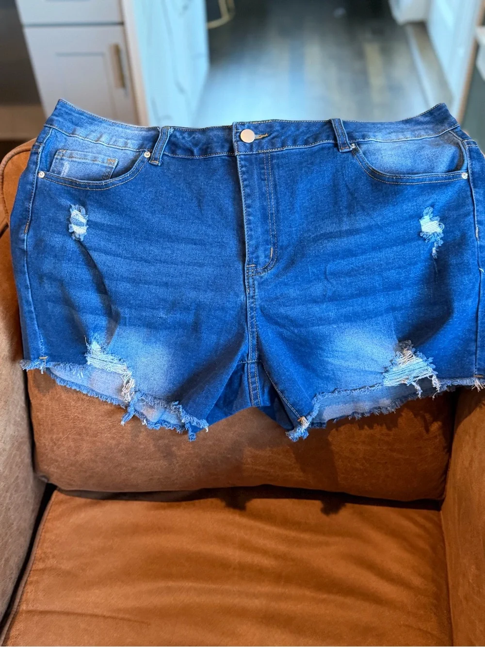 Denim Distressed High-Rise Women's Shorts - Blue - XL